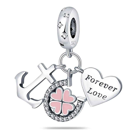 Forever Love Sterling Silver Charm with Anchor, Clover, and Heart - Forever Love Sterling Silver Charm with Anchor, Clover, and Heart