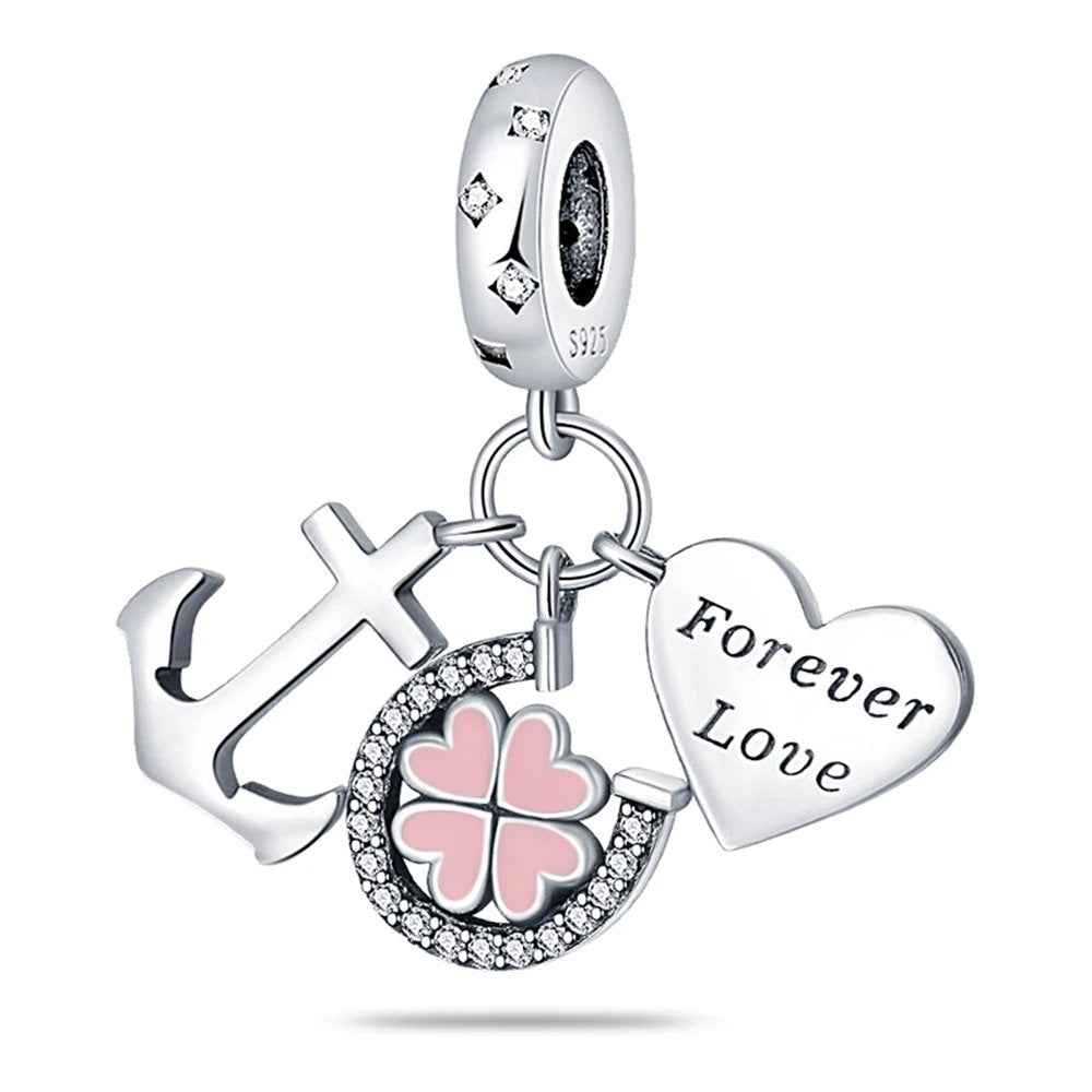 Sterling silver Forever Love charm with anchor, clover, and heart, fits Pandora bracelet.