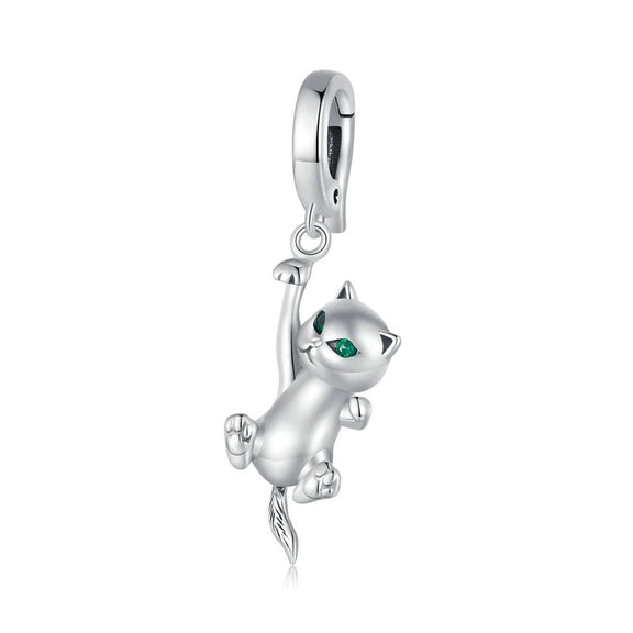 Sterling Silver Hanging Cat Charm with Emerald Eyes - Sterling silver hanging cat charm with emerald-green eyes.