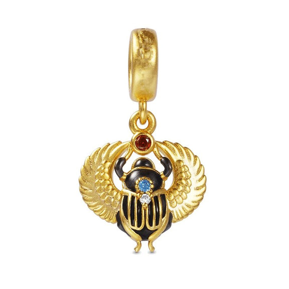 Gold Scarab Charm with Enamel and Gemstone Accents - Gold scarab charm with enamel and gemstone accents