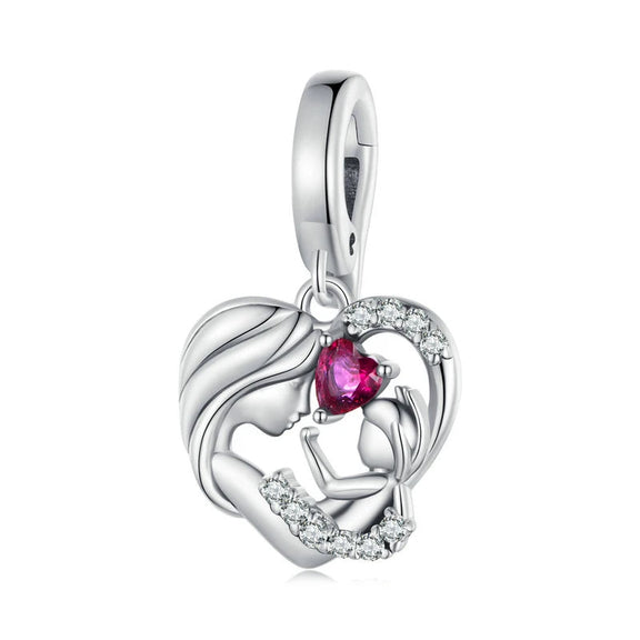 Sterling Silver Mother and Child Charm with Ruby and Rhinestone Accents - Sterling silver mother and child charm with heart-shaped ruby and rhinestone accents.