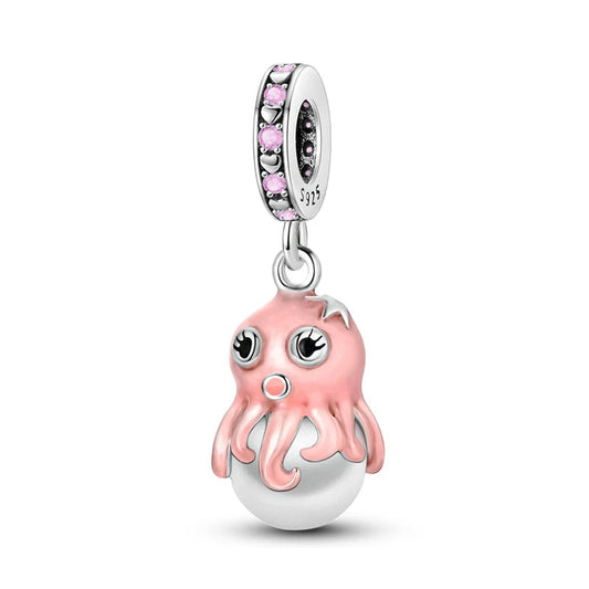 Sterling silver pink octopus charm with wide eyes and pink enamel.