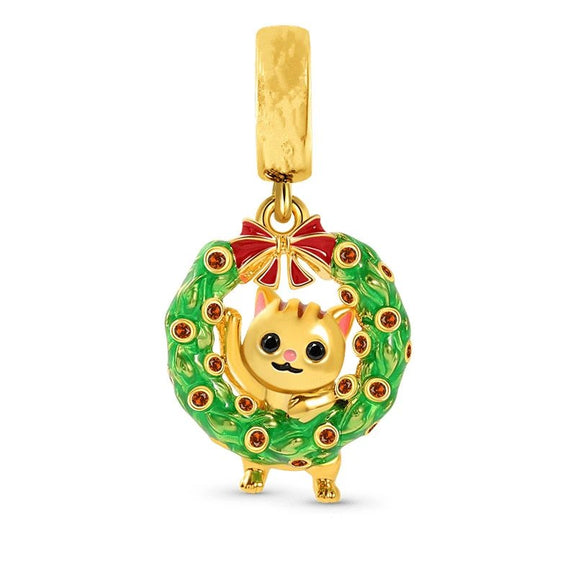 Gold Cat Wreath Charm with Enamel Detailing - Gold cat wreath charm with colorful enamel detailing