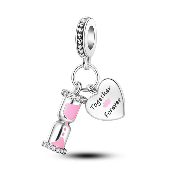 Together Forever Sterling Silver Hourglass Charm with Heart Pendant - Sterling silver hourglass charm with pink enamel and heart pendant, fits Pandora bracelet.