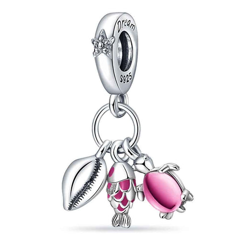 Ocean Dream Sterling Silver Charm with Shell, Fish, and Turtle - Ocean Dream Sterling Silver Charm with Shell, Fish, and Turtle