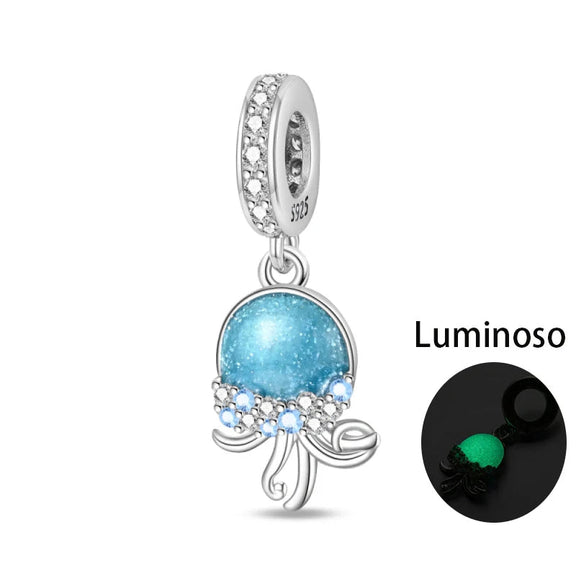 Luminous Jellyfish Sterling Silver Charm with Blue Enamel - Sterling silver jellyfish charm with luminous blue enamel that glows in the dark.