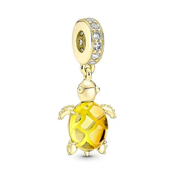 Gold Yellow Turtle Charm with Crystal Accents - Gold turtle charm with yellow enamel and crystals