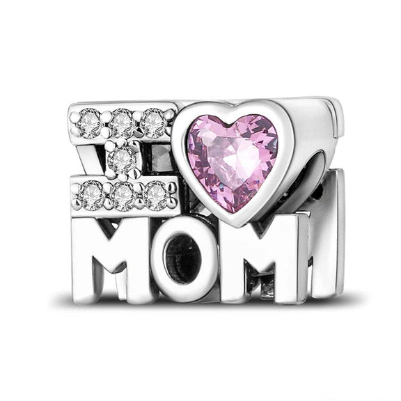 Sterling Silver I Love Mom Charm - Sterling silver I Love Mom charm with heart and crystals