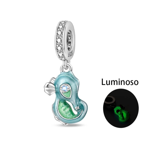 Enchanted Seahorse Sterling Silver Charm with Luminous Enamel - Sterling silver seahorse charm with luminous enamel that glows in the dark.