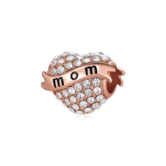 Mom Charm Heartfelt Tribute for Pandora Bracelets - Mom charm in rose gold with sparkling stones, fits Pandora bracelets