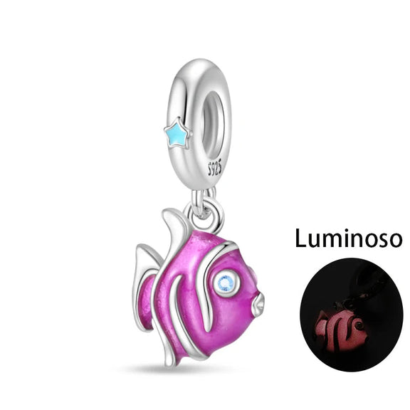 Luminous Pink Fish Sterling Silver Charm with Enamel - Sterling silver pink fish charm with luminous enamel and a blue gemstone eye.