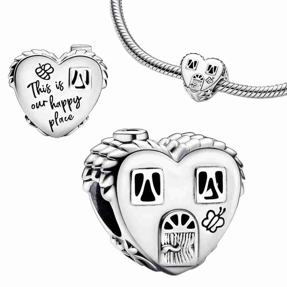 Sterling silver house charm with "This is Our Happy Place" inscription, fits Pandora bracelet.