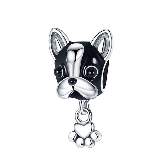 Sterling Silver Bulldog Charm with Heart Paw - Sterling silver bulldog charm with heart paw detail.