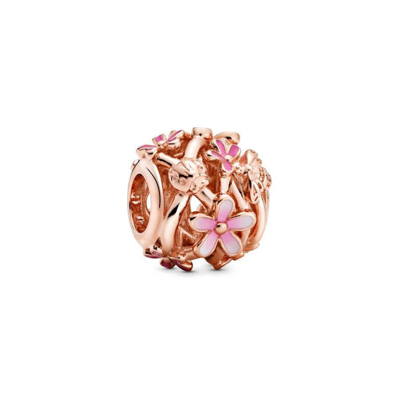 Openwork Pink Daisy Flower Charm - Pandora Rose - Rose gold charm with pink flowers and crystals