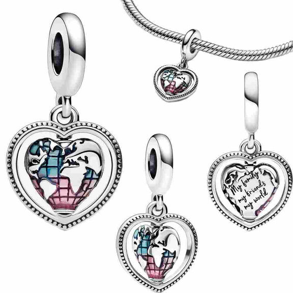 Spinning Heart Globe Dangle Charm - Heart-shaped world map charm with colorful enamel, fits Pandora bracelet.