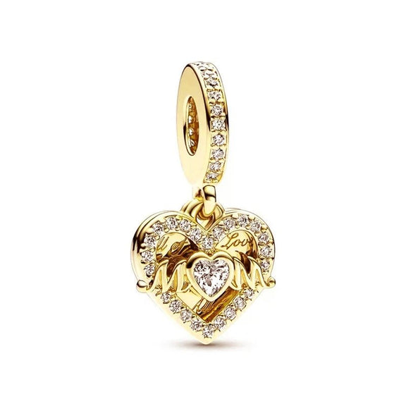 Gold Heart Mom Charm with Diamond Accents - Gold heart charm inscribed with "Mom" and diamonds