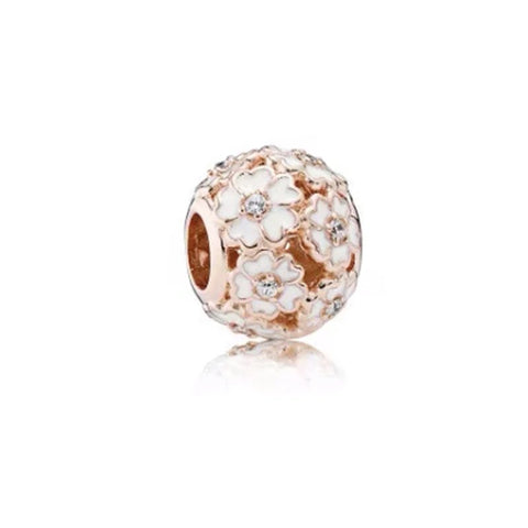 Chic Rose Gold White Flower Charm with Diamond Accents - Chic Rose Gold White Flower Charm with Diamond Accents
