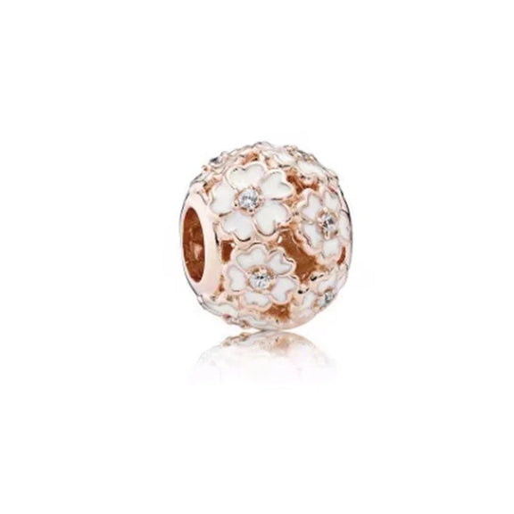 Chic Rose Gold White Flower Charm with Diamond Accents - Rose gold charm with white flower and diamonds