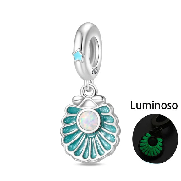 Luminous Seashell Sterling Silver Charm with Opal - Sterling silver seashell charm with luminous blue enamel and a central opal stone.