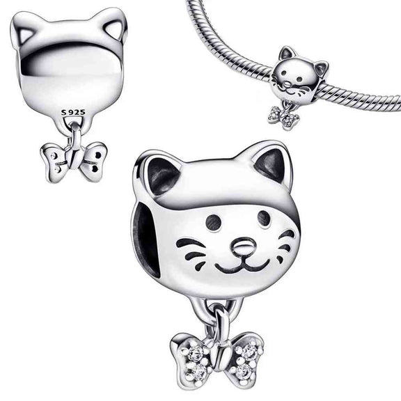 Pet Cat & Bow Charm - Sterling silver cat face charm with dangling bow, fits Pandora bracelet.