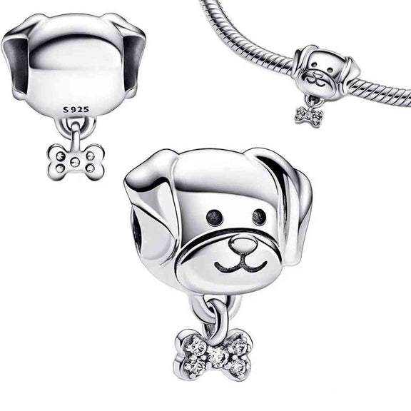 Pet Dog & Bone Charm - Sterling silver puppy face charm with dangling bone, fits Pandora bracelet.