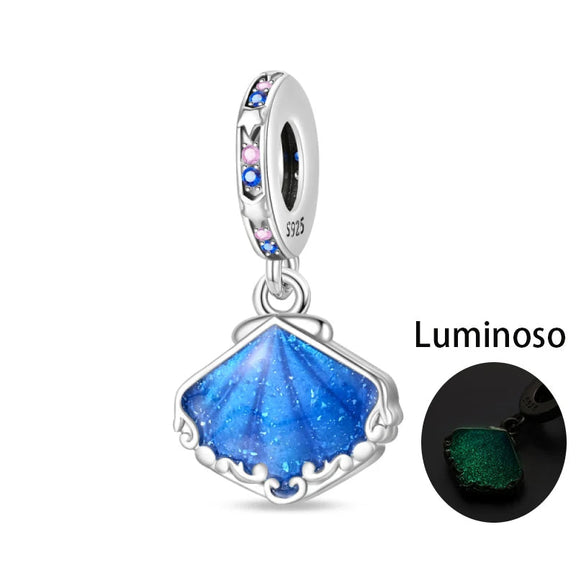 Luminous Blue Shell Sterling Silver Charm with Enamel - Sterling silver blue shell charm with luminous enamel and sparkling stones.