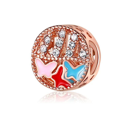 Butterfly charm in rose gold with colorful enamel accents, fits Pandora bracelets