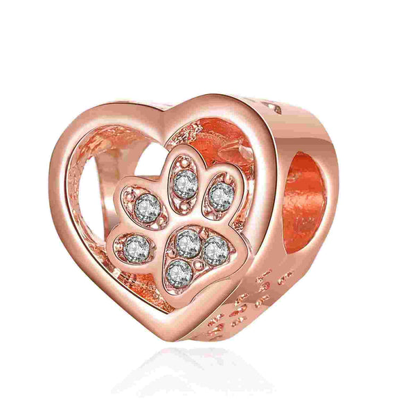 Paw Print Charm Furry Friend Love for Pandora Bracelets - Paw Print charm in rose gold with sparkling stones, fits Pandora bracelets