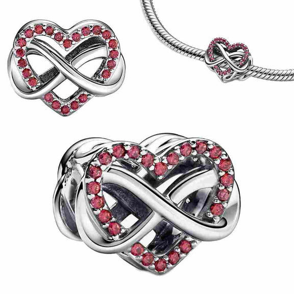 Sterling Silver Red Heart Infinity Charm with Crystals - Sterling silver red heart infinity charm with crystals, fits Pandora bracelet.