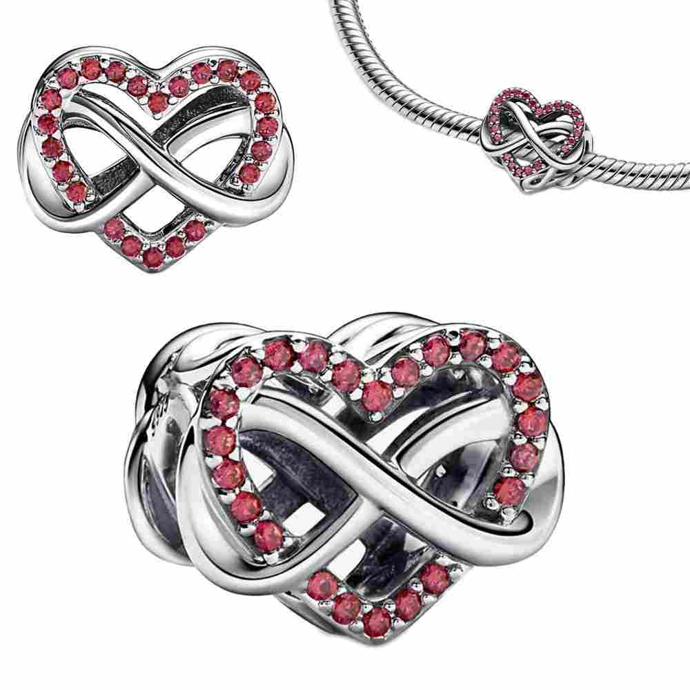 Sterling silver red heart infinity charm with crystals, fits Pandora bracelet.