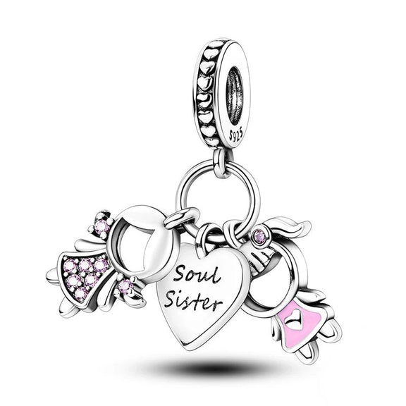 Sterling Silver Soul Sister Charm - Sterling silver soul sister charm with two girls and heart