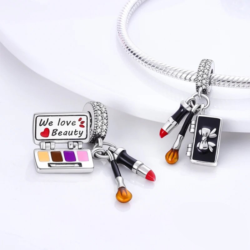 Sterling silver makeup lover charm with palette and lipstick