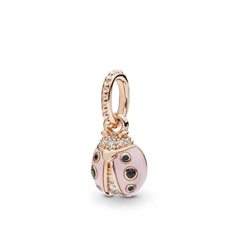 Rose Gold Ladybug Charm with Pink Enamel - Fits Pandora, Good Luck - Ladybug charm in rose gold with pink enamel, fits Pandora bracelets
