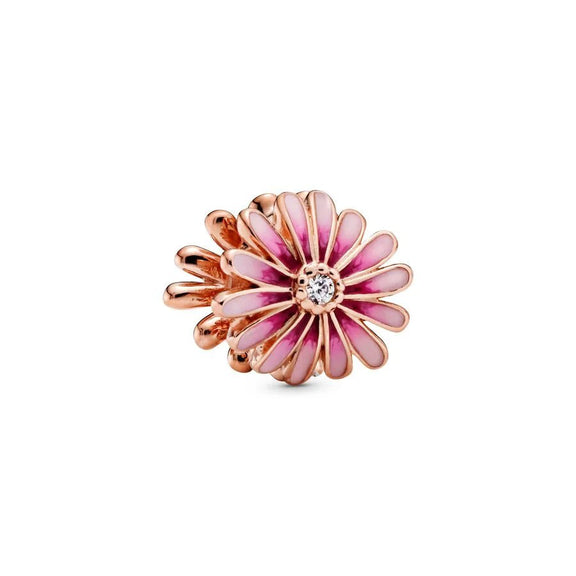 Dazzling Rose Gold Pink Daisy Charm for Bracelets - Rose gold charm featuring a pink daisy with stones