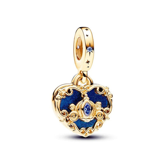 Blue Enamel Heart Charm with Gold Detailing - Gold heart charm with blue enamel and intricate detailing