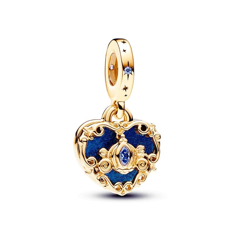 Gold heart charm with blue enamel and intricate detailing