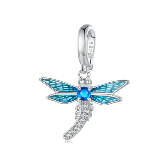 Sterling silver dragonfly charm with blue enamel wings.