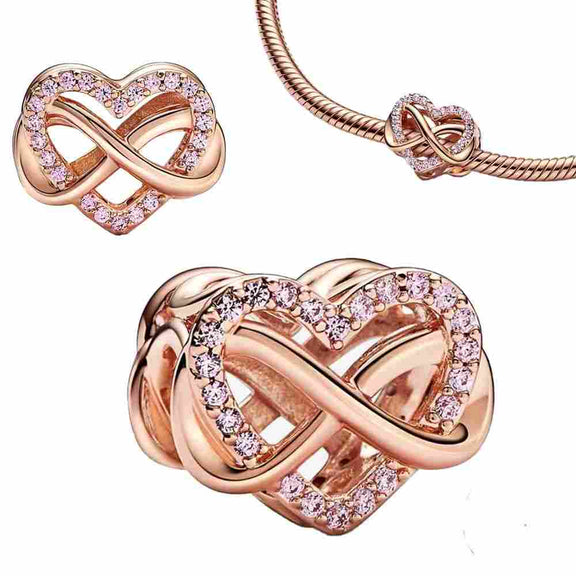 Rose Gold Heart Infinity Love Knot Charm - Rose gold heart infinity charm with cubic zirconia, fits Pandora bracelet.