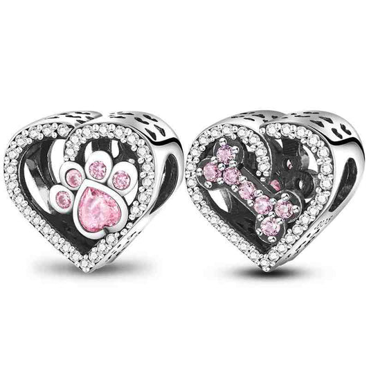 Sterling silver heart-shaped charm with pink paw print and bone