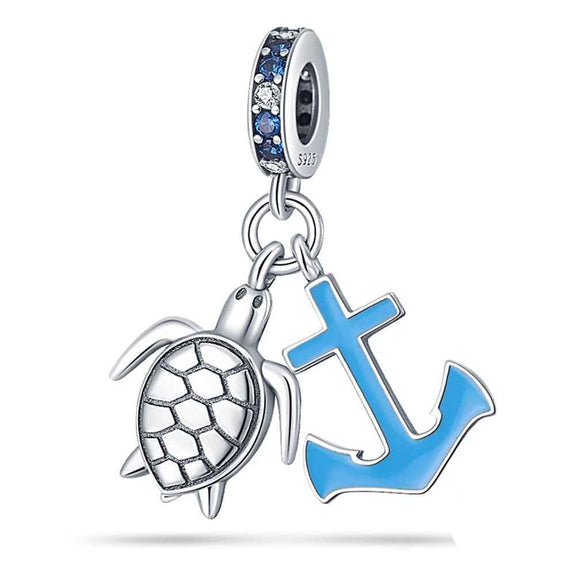 Ocean Adventure Sterling Silver Charm with Turtle and Anchor - Ocean adventure sterling silver charm with turtle and blue anchor, fits Pandora bracelet.