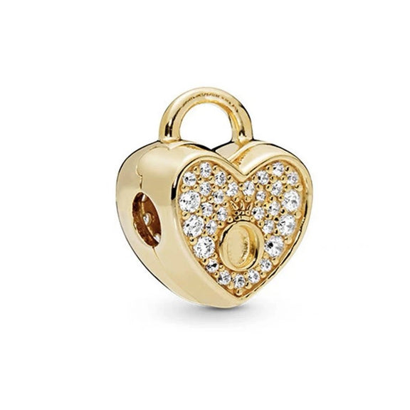 Gold Heart Lock Charm with Diamond Accents - Gold heart lock charm with diamond accents