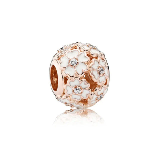 Flower Ball charm in rose gold with white enamel, fits Pandora bracelets