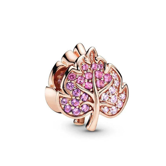 Leaf Charm Autumn Elegance for Pandora Bracelets - Leaf charm in rose gold with pink and purple accents, fits Pandora bracelets