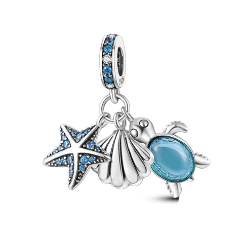 Sterling Silver Starfish, Shell, and Turtle Charm - Sterling Silver Starfish, Shell, and Turtle Charm