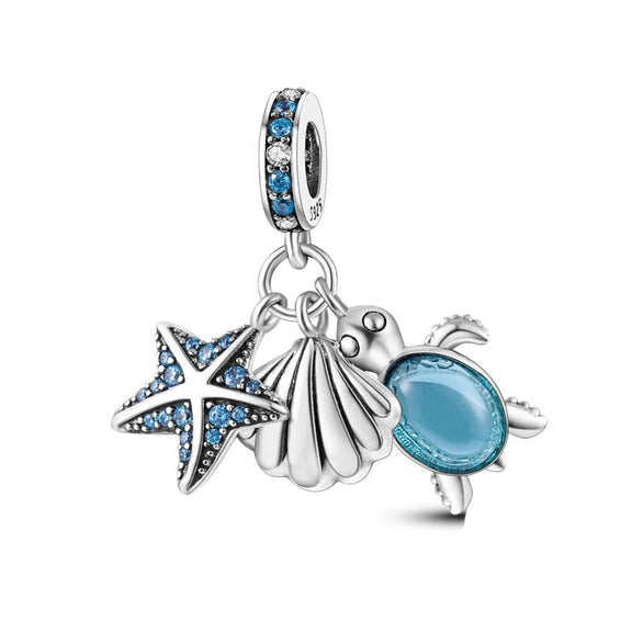 Sterling Silver Starfish, Shell, and Turtle Charm - Sterling silver charm with starfish, shell, and turtle, fits Pandora bracelet.