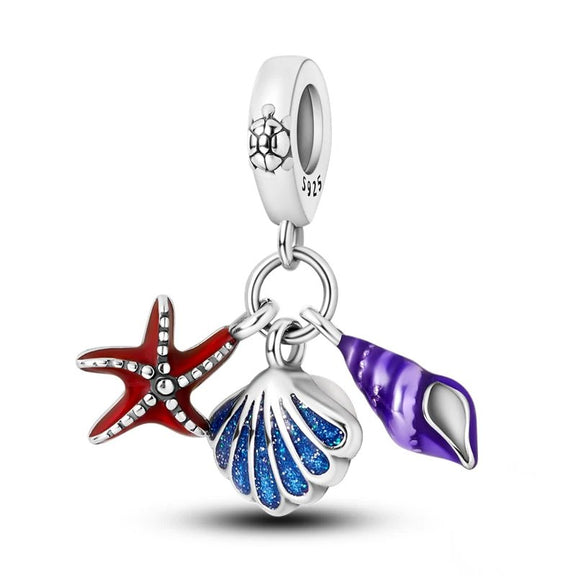 Sterling Silver Sea Shell Charm - Sterling silver sea shell charm with starfish and conch