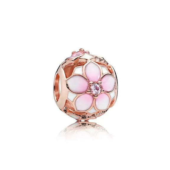 Charming Rose Gold Pink Flower Charm - Rose gold charm with pink flower and crystal