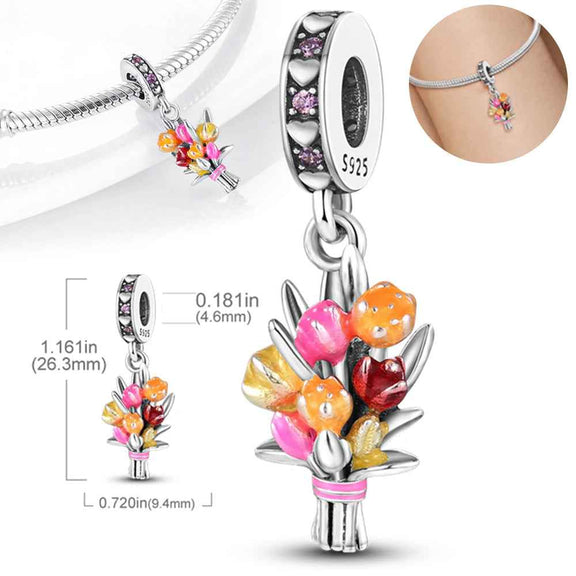 Sterling Silver Colorful Flower Bouquet Charm - Sterling silver colorful flower bouquet charm, fits Pandora bracelet.