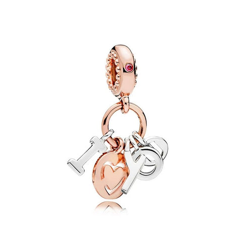 Rose Gold I Love You Charm with Mixed Metal Letters - Fits Pandora - I Love You charm in rose gold with mixed metals, fits Pandora bracelets
