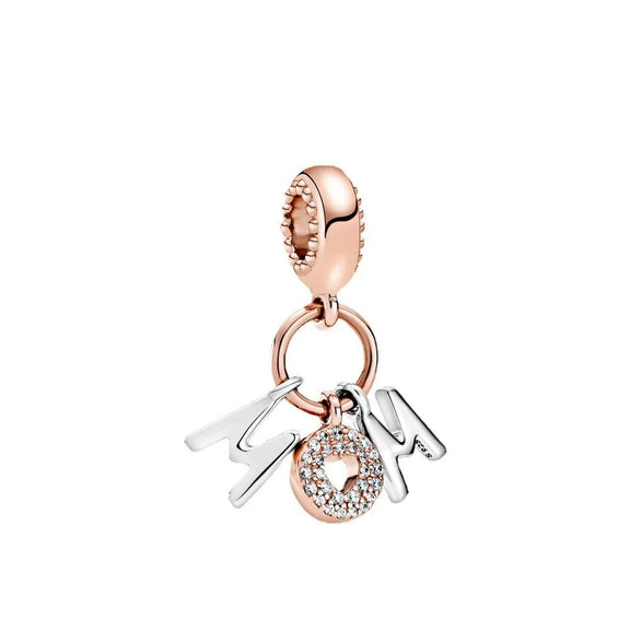 Dazzling Rose Gold MOM Charm - Celebrate Motherhood - Rose gold "MOM" charm with sparkling details, ideal for sentimental Pandora bracelets and charms.